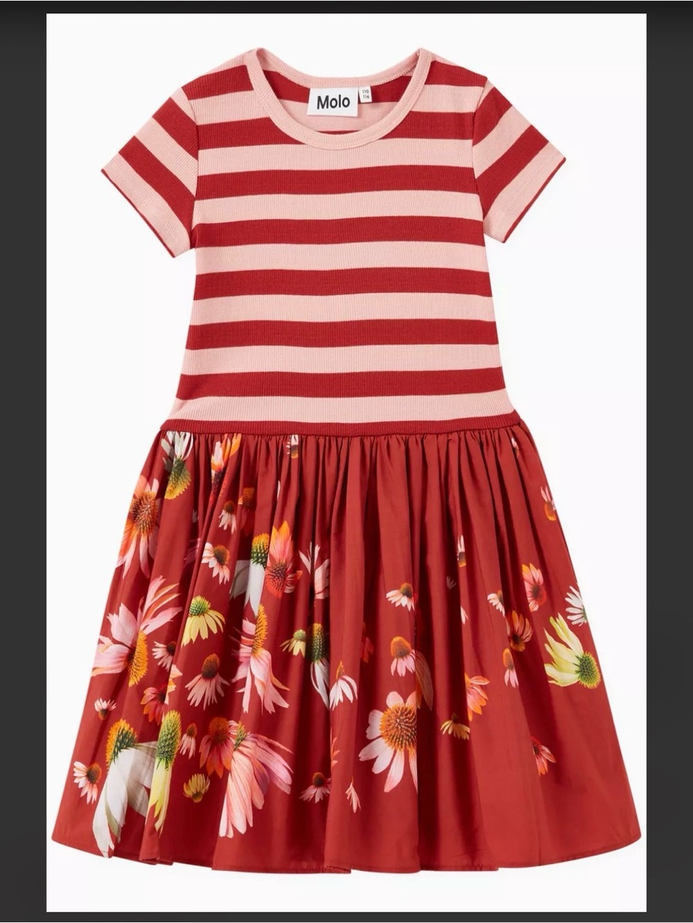 Molo Pink and Red Striped Dress with Floral Skirt